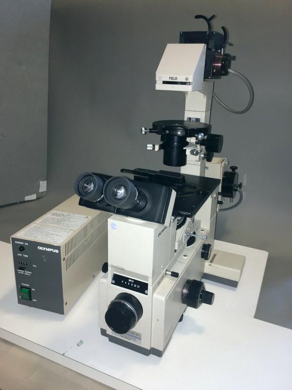 Olympus IMT-2 Microscope, Inverted Phase Contrast Fluorescence, 4x, 10x SPlan, 20x DPlan Long Working Distance, 100x SPlan Objective